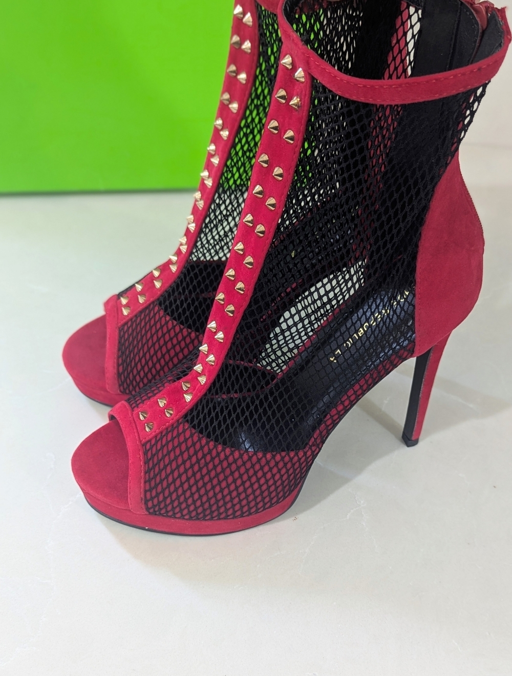 Red Mesh Peep-Toe Stiletto Booties with Gold Stud Trim